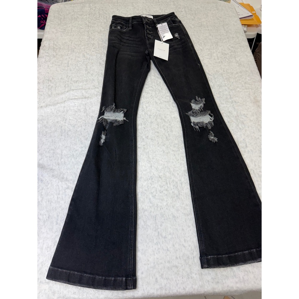 KanCan Harlo MR Flare Jeans Dark Gray Distressed Button Fly KC6327DG Womens 24.